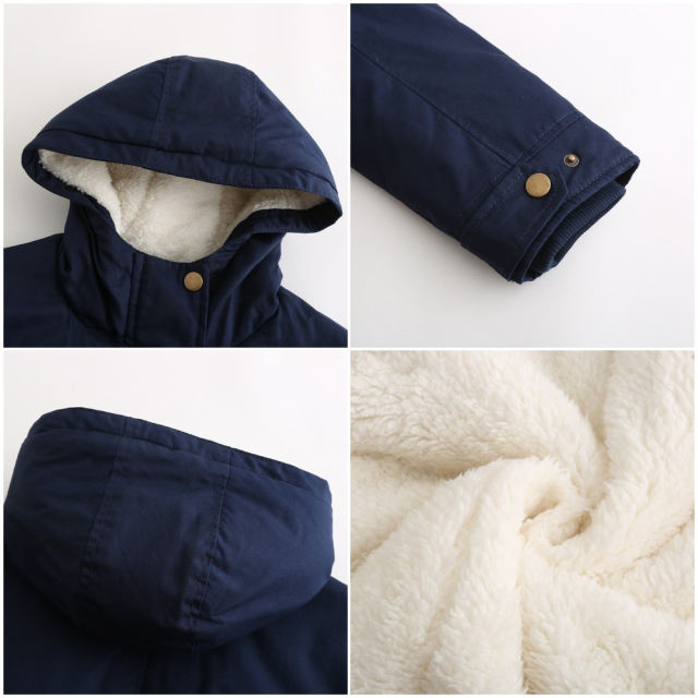 Navy Blue Waist Drawstring Plush Hooded Thick Parka Coat TQK280127-34