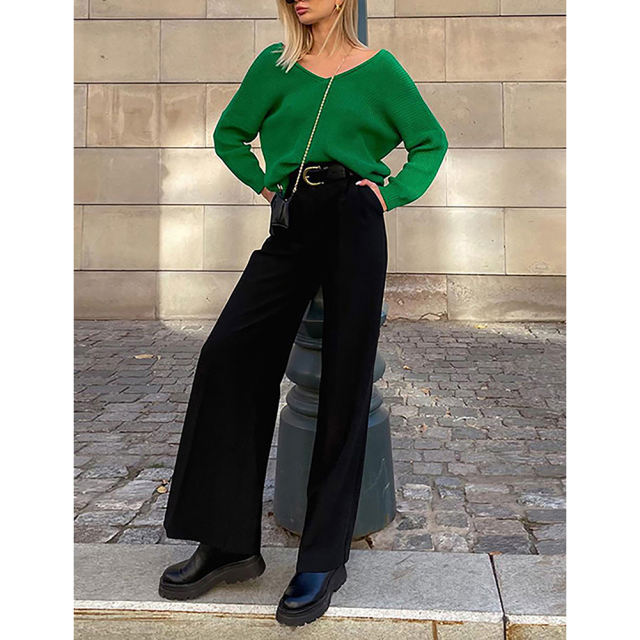 Black High Waisted Draped Wide Leg Pants TQV510042-2