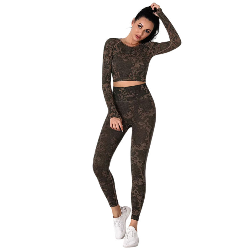 Yellow Camo Knit Seamless Long Sleeve Pant Yoga Set TQE91362-7