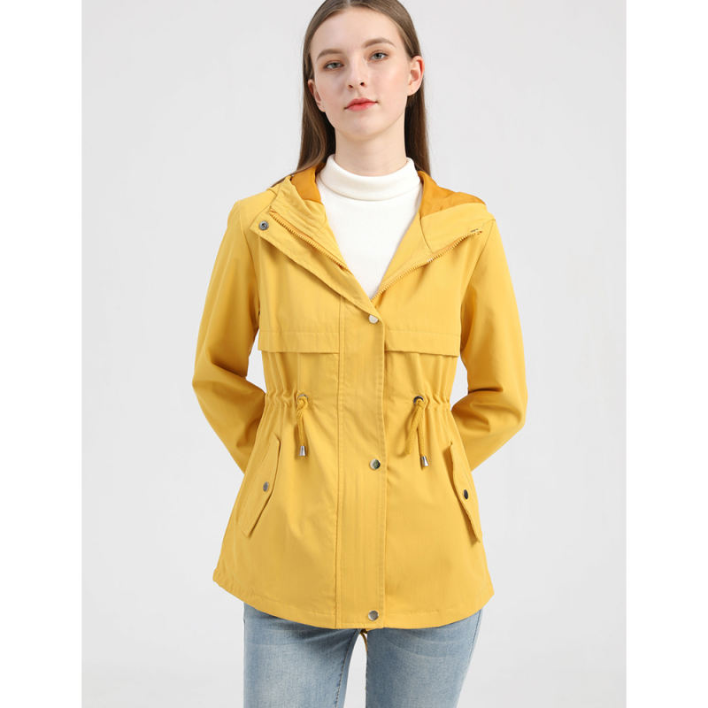 Yellow Waist Drawstring Hooded Outdoor Rainproof Coat TQK280126-7