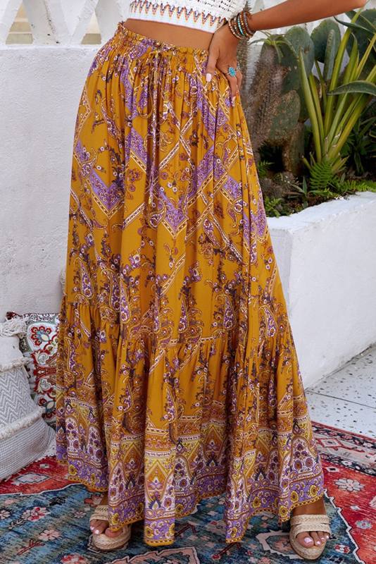 Orange Boho Floral Print Ruffled Elastic High Waist Maxi Skirt LC651143-14