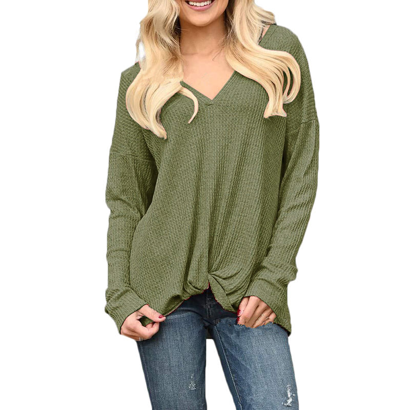Army Green V Neck Front Twist Long Sleeve Tops TQK210183-27