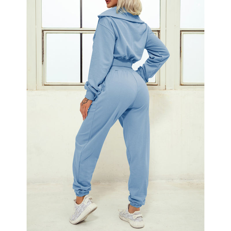 Blue Zipper-up Cotton Sweatshirt with Pant Sports Set TQE91573-5