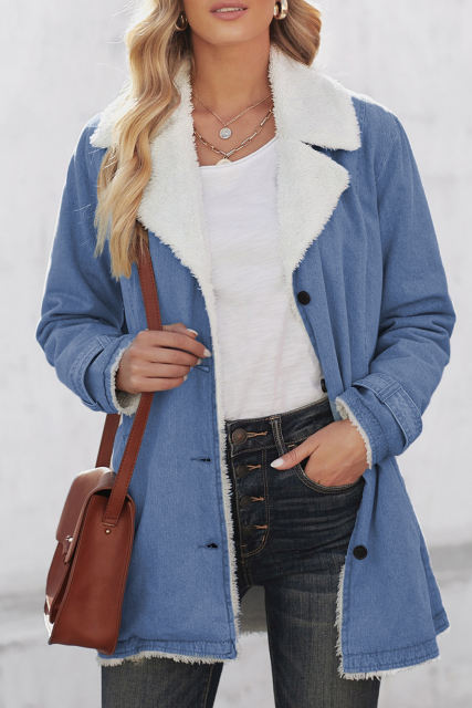 Sky Blue Lapel Collar Button Fleece Jacket LC8511336-4