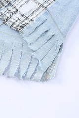 Sky Blue Plaid Patchwork Fringed Flap Pockets Denim Jacket LC854131-4