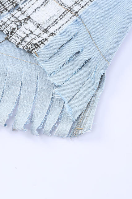 Sky Blue Plaid Patchwork Fringed Flap Pockets Denim Jacket LC854131-4