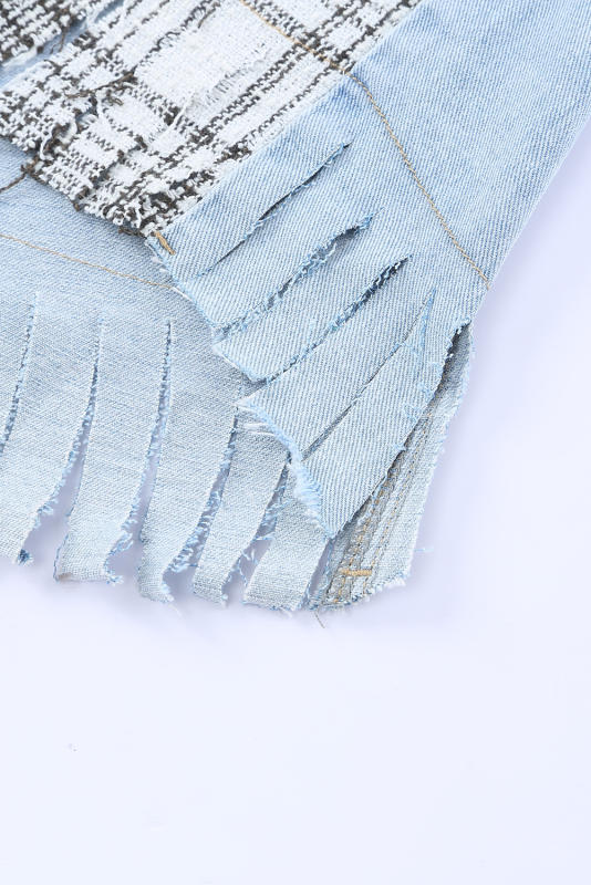 Sky Blue Plaid Patchwork Fringed Flap Pockets Denim Jacket LC854131-4