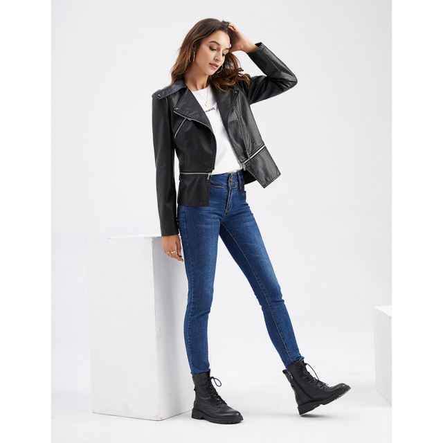 Black Removable Hem Leather PU Leather Jacket TQK280125-2
