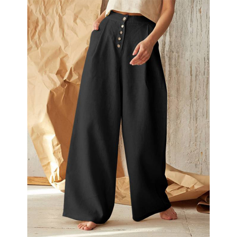 Black Cotton Linen Button High Waist Wide Leg Pants TQV510049-2