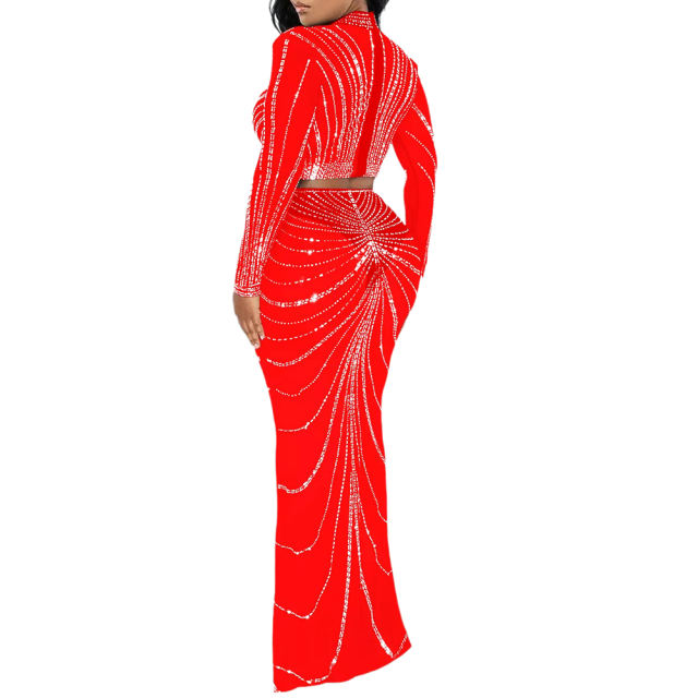 Red Rhinestones Long Sleeve Crop with Maxi Skirt Set TQV810029-3