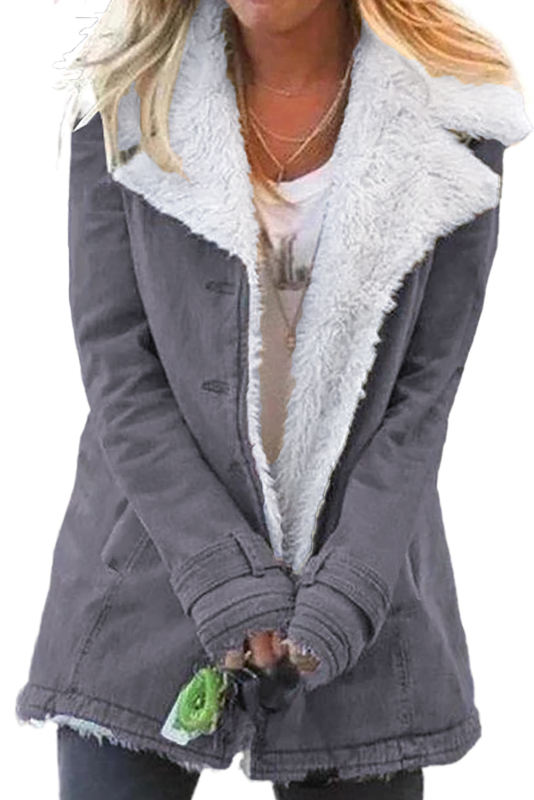 Gray Lapel Collar Button Fleece Jacket LC8511336-11
