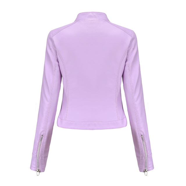 Light Purple PU Stand Collar Short Leather Jacket TQK280124-38