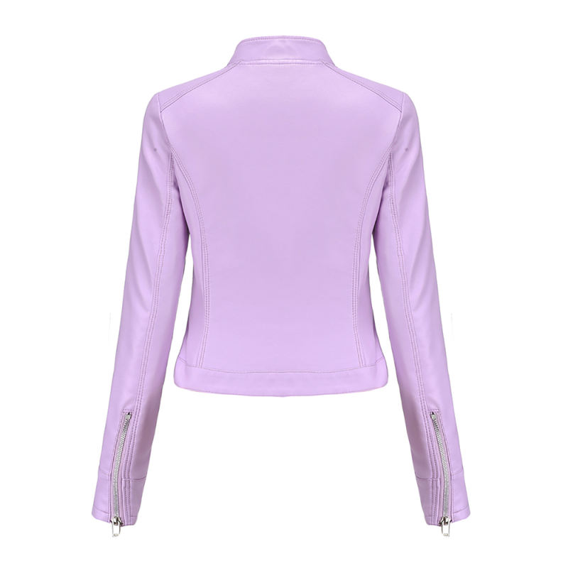 Light Purple PU Stand Collar Short Leather Jacket TQK280124-38
