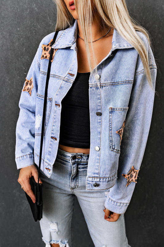 Sky Blue Leopard Star Distressed Cropped Denim Jacket LC788175-4