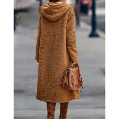 Brown Open Front Long Sleeve Hooded Fleece Coat TQK280217-17