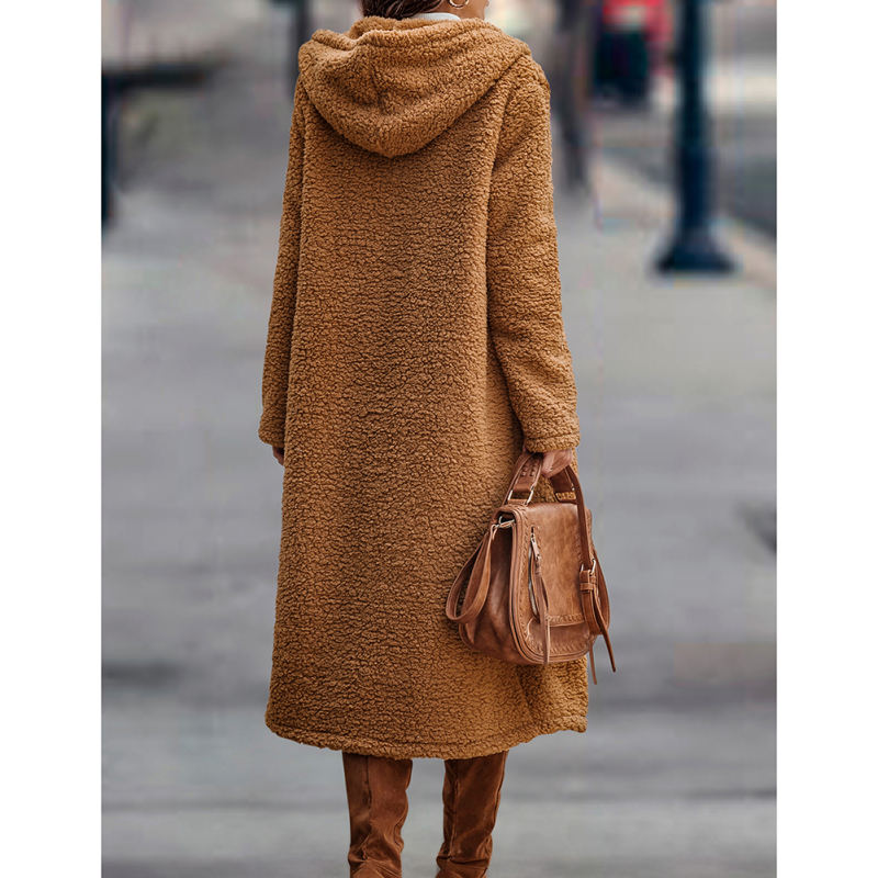 Brown Open Front Long Sleeve Hooded Fleece Coat TQK280217-17