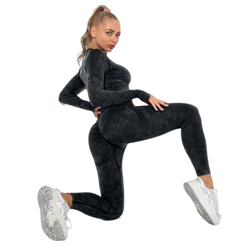 Black Nylon Seamless Long Sleeve Pant Yoga Set TQE91361-2