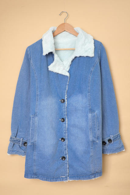 Sky Blue Lapel Collar Button Fleece Jacket LC8511336-4