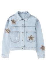 Sky Blue Leopard Star Distressed Cropped Denim Jacket LC788175-4