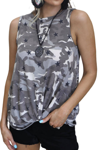 Gray Camo Star Print Twist Hem Tank Top LC2565378-11