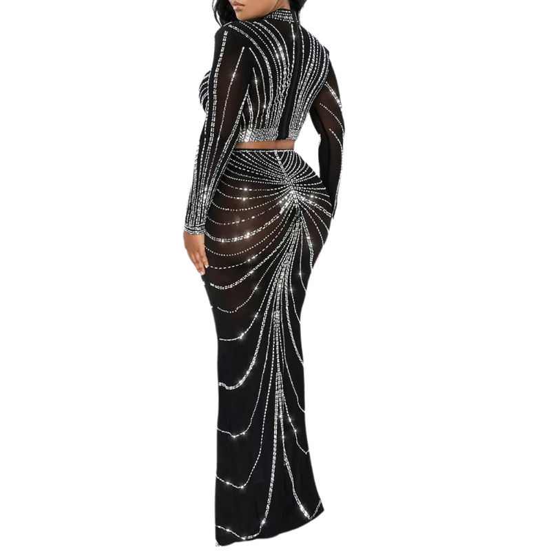 Black Rhinestones Long Sleeve Crop with Maxi Skirt Set TQV810029-2