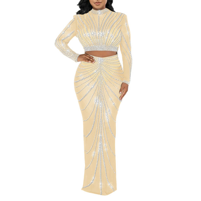 Apricot Rhinestones Long Sleeve Crop with Maxi Skirt Set TQV810029-18