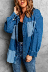 Blue Color Block Buttoned Denim Jacket LC858007-5