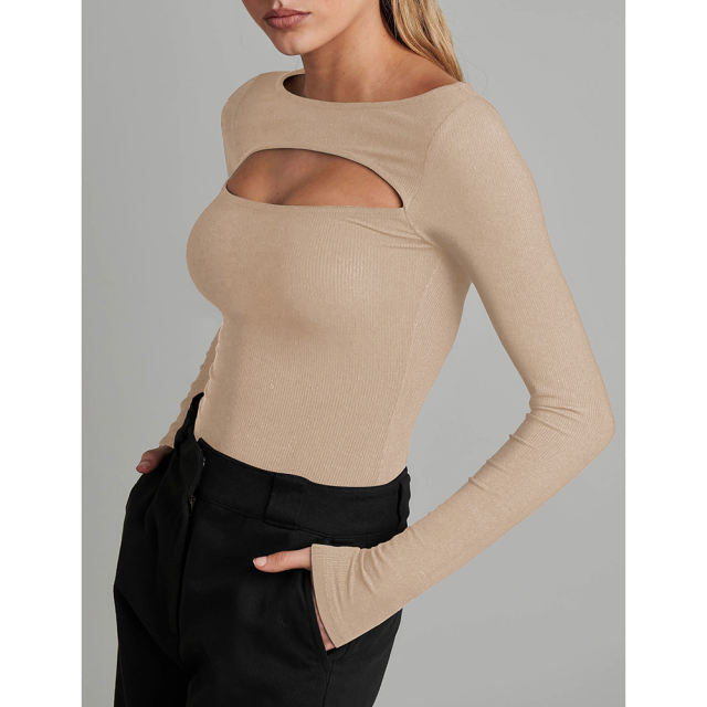 Apricot Ribbed Cut-out Long Sleeve Bodysuit TQV220110-18