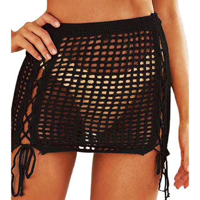 Black Hollow-out Side Drawstring Beachwear Mini Skirt TQV360075-2