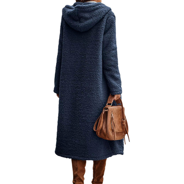 Navy Blue Open Front Long Sleeve Hooded Fleece Coat TQK280217-34