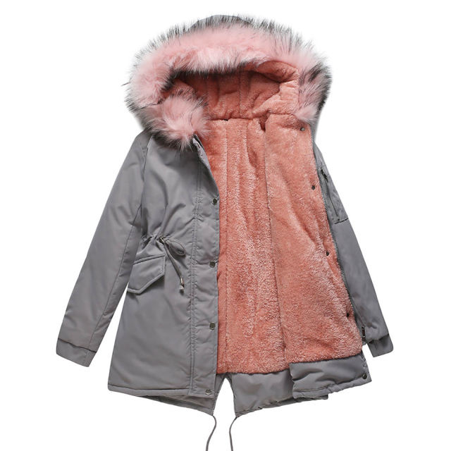 Gray Fur Collar Drawstring Waist Warm Hooded Parka Coat TQK280130-11