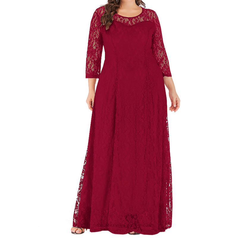 Wine Red 3/4 Sleeve Crew Neck Lace Plus Size Dress TQK310977-23