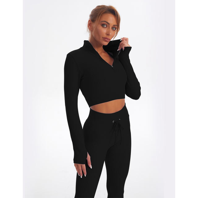 Black Seamless Stand Collar Jacket with Pant Yoga Set TQK710415-2