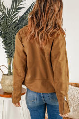 Brown Zipped Notch Collar Short Jacket LC85294-17