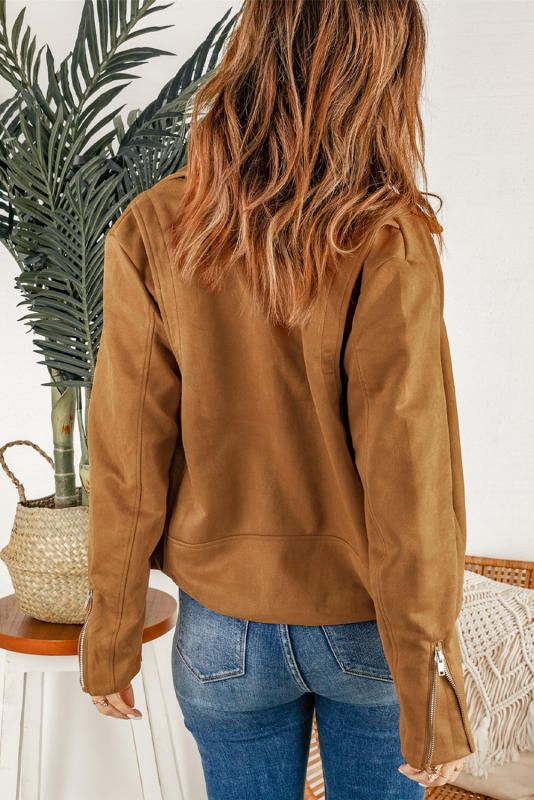 Brown Zipped Notch Collar Short Jacket LC85294-17