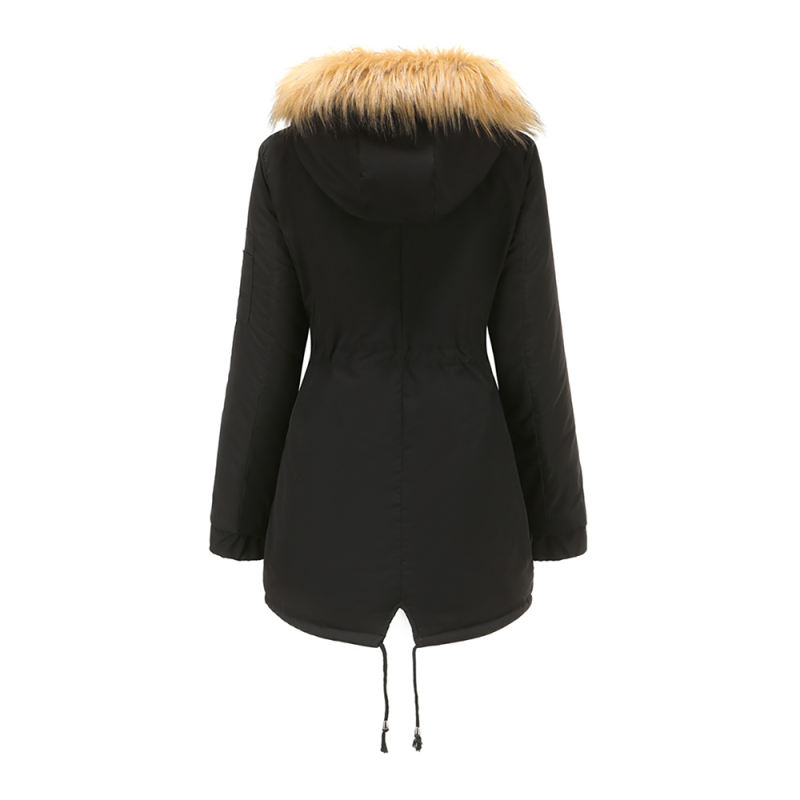 Black Brown Fur Collar Drawstring Waist Warm Hooded Parka Coat TQK280130-2B