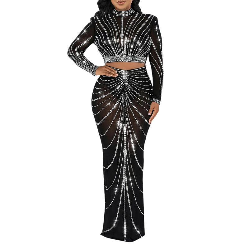 Black Rhinestones Long Sleeve Crop with Maxi Skirt Set TQV810029-2