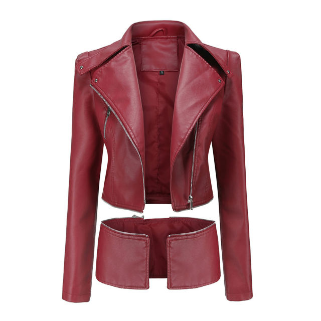 Wine Red Removable Hem Leather PU Leather Jacket TQK280125-23