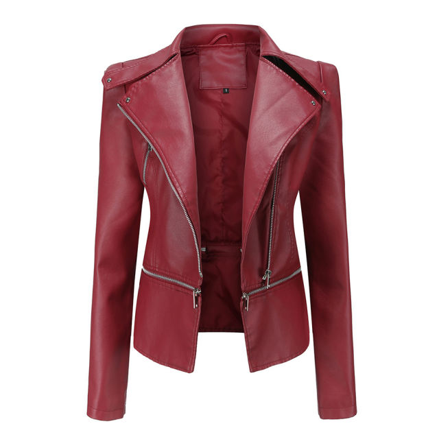 Wine Red Removable Hem Leather PU Leather Jacket TQK280125-23
