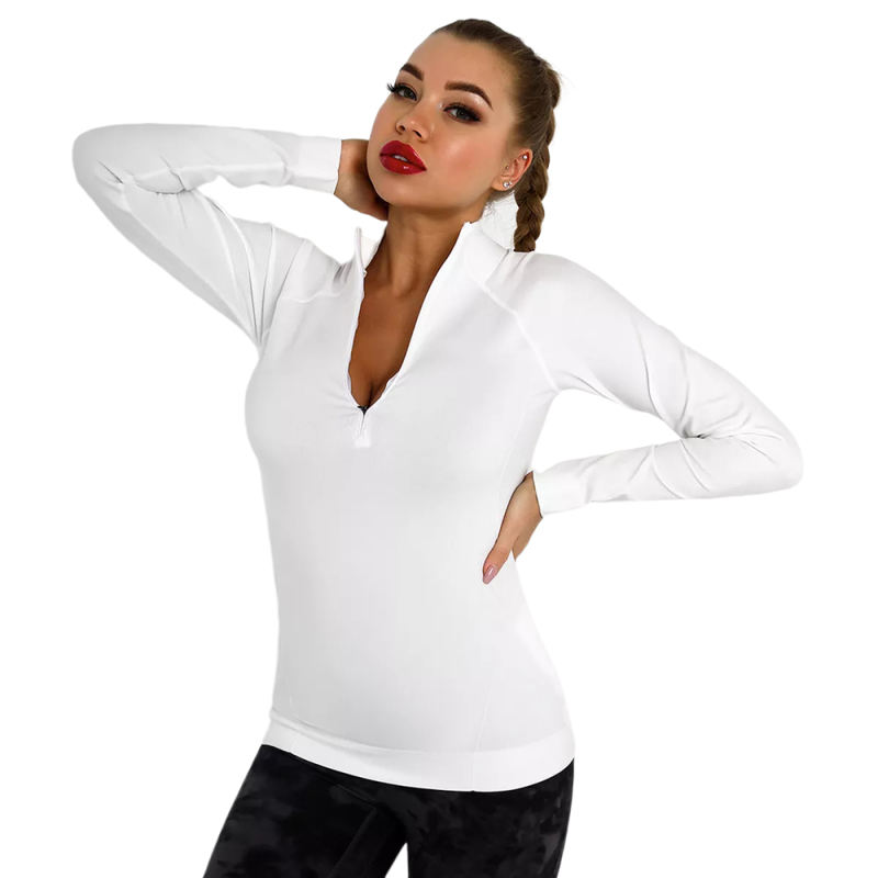 White Quick Dry Zipper Knit Tight Yoga Tops TQE91363-1