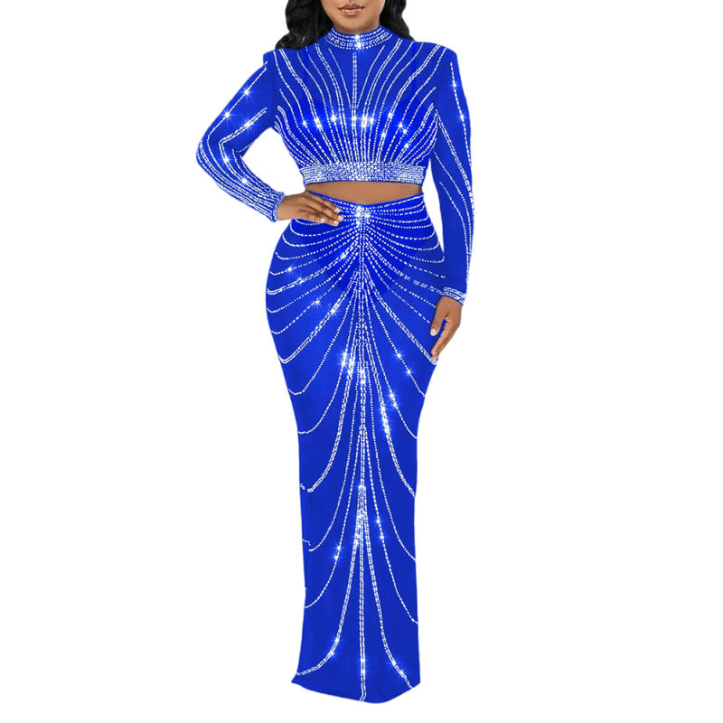 Blue Rhinestones Long Sleeve Crop with Maxi Skirt Set TQV810029-5