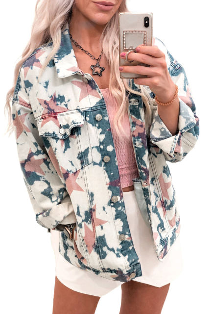 White Stars Tie Dye Print Buttoned Denim Jacket LC788208-1