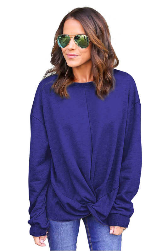 Blue Knot Twist Front Long Sleeve Casual Pullover Sweatshirt