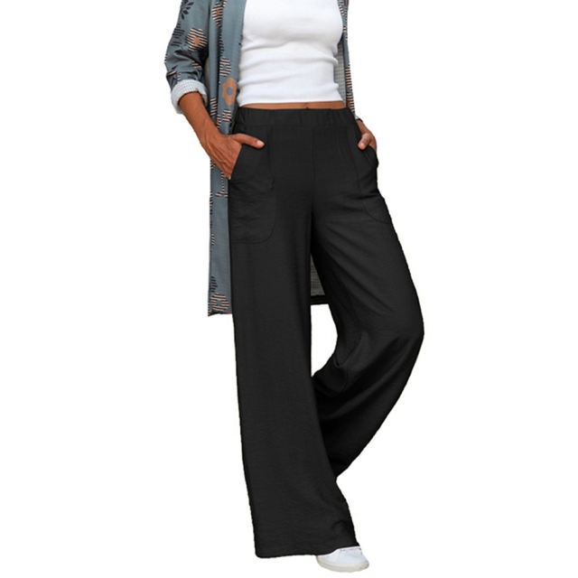 Black Elastic Waist Wide Waist Casual Pants TQV510077-2