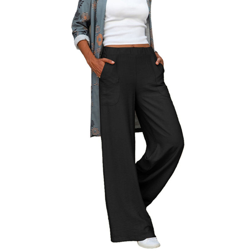 Black Elastic Waist Wide Waist Casual Pants TQV510077-2