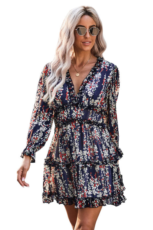 Blue Ruffle Detailing Open Back Floral Dress LC220829-5