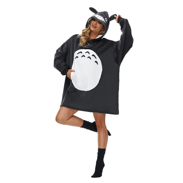 Dark Gray Totoro Cartoon Print Blanket Hoodie TQK230373-26