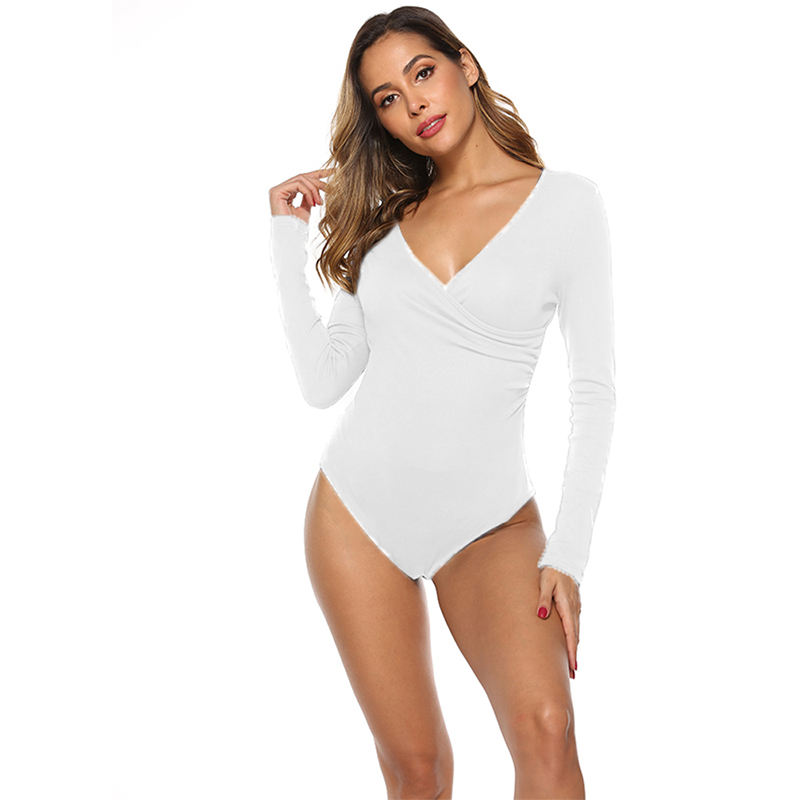 White V Neck Long Sleeve Bodysuit TQK550147-1
