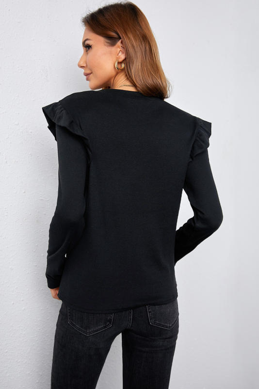 Black Ruffle Slim-fit Long Sleeve Top LC25111784-2