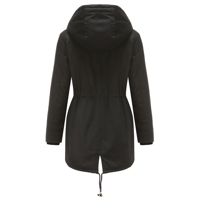 Black Waist Drawstring Plush Hooded Thick Parka Coat TQK280127-2